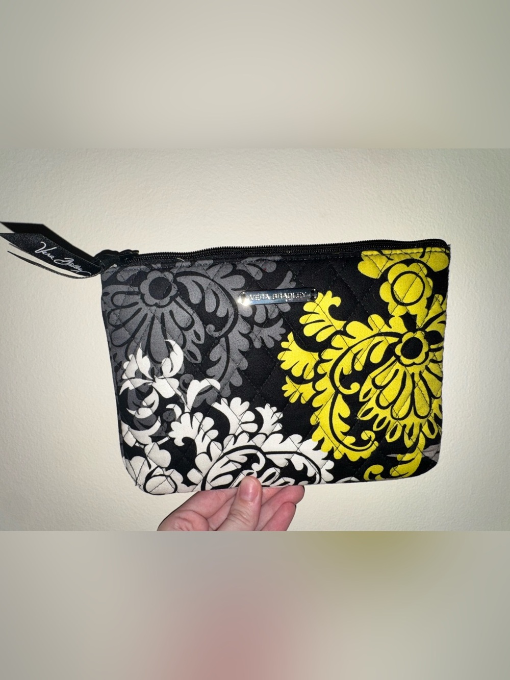 Vera Bradley Black Yellow White Quilted Floral Cosmetic Pouch Baroque Print